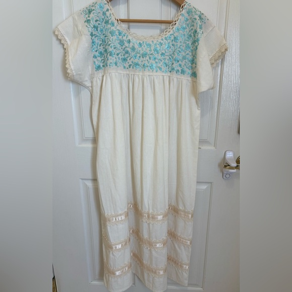 Handmade Dresses & Skirts - Vintage Inspired Boho Embroidered Peasant Dress Cream Blue Floral Cotton Midi